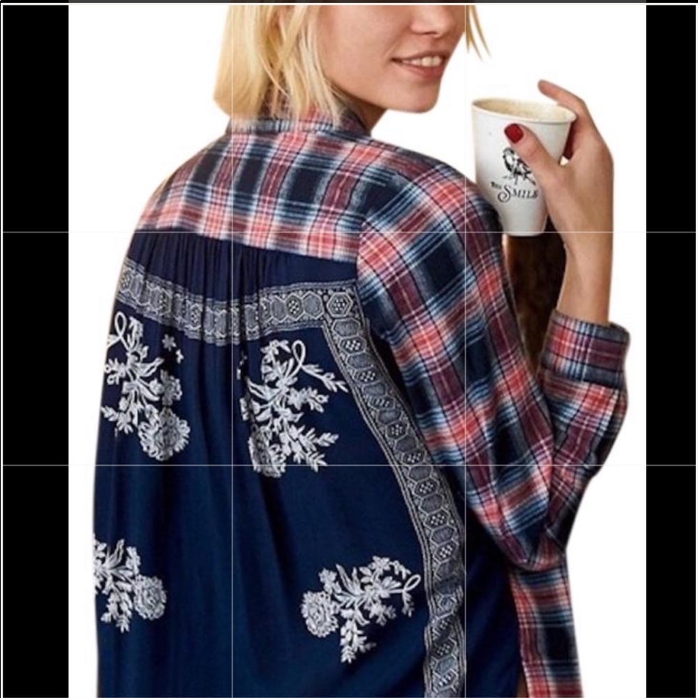 Free People Plaid and Navy Button Down Shirt